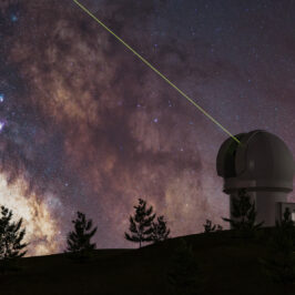 milky way with large telescope on the horizon and pine trees in silhouette and green laser pointing to infinity. astronomy. 3d rendering